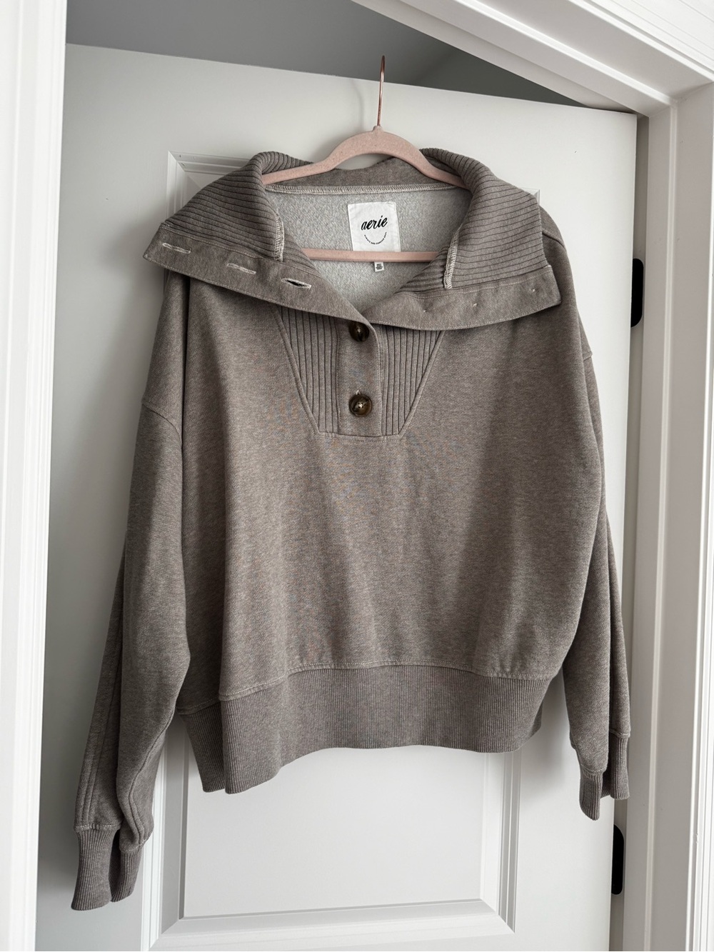 aerie Taupe Ribbed Fold-Over Collar Pullover